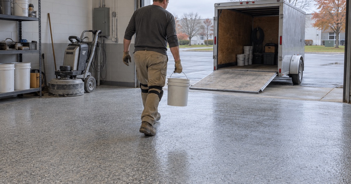 Unlabeled pails of coating carried from the shop to a work trailer at the start of a Waukesha job.