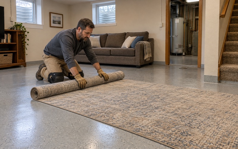 A rolled rug laid out across a newly coated family-room floor in the basement of a Waukesha split-level.