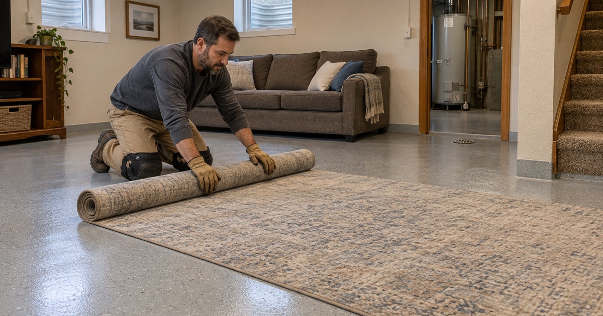A rolled rug laid out across a newly coated family-room floor in the basement of a Waukesha split-level.