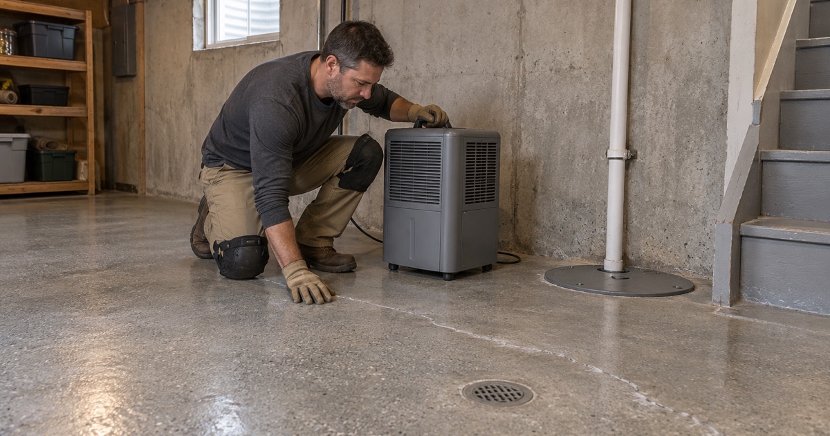 A dehumidifier set down on a bare Waukesha basement floor beside the sump, drying the slab before any coating goes on.