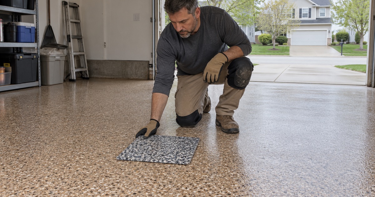 A sample board of a second flake blend laid on a cured Waukesha garage floor so the two colors can be compared side by side.