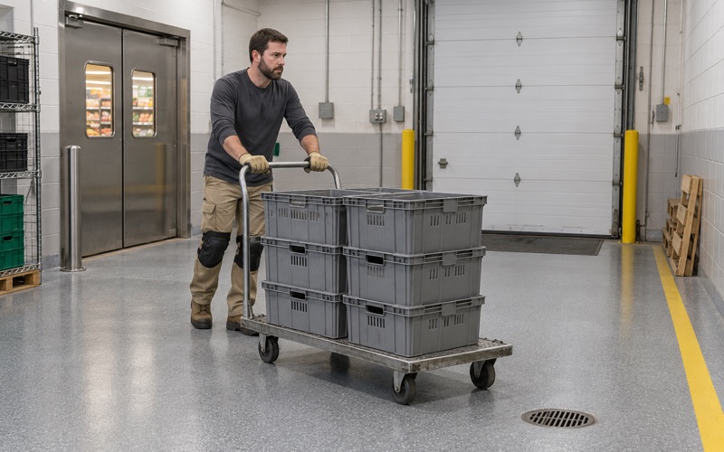 A flat cart of empty crates pushed across the coated receiving room of a Waukesha grocery store.