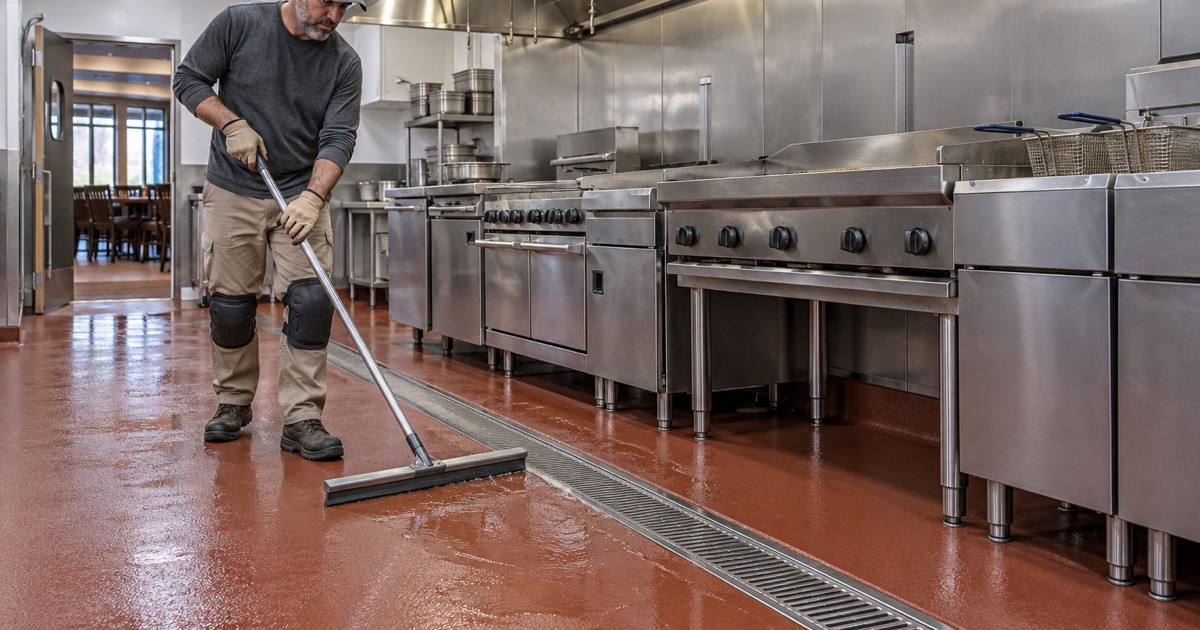 Wash water squeegeed toward a trench drain across a sloped, coved urethane cement floor in a Waukesha restaurant kitchen.