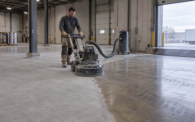 A walk-behind planetary grinder opening up an old sealed slab in a Waukesha warehouse before coating.