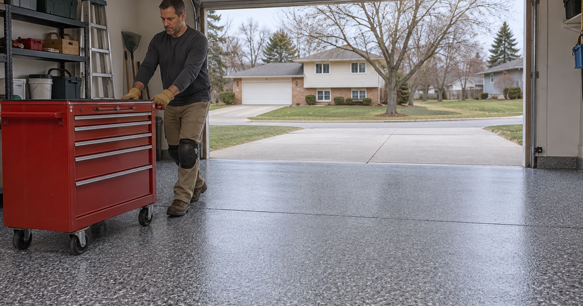 A rolling tool chest wheeled back onto a finished charcoal and gray flake floor in the attached garage of a Waukesha split-level.