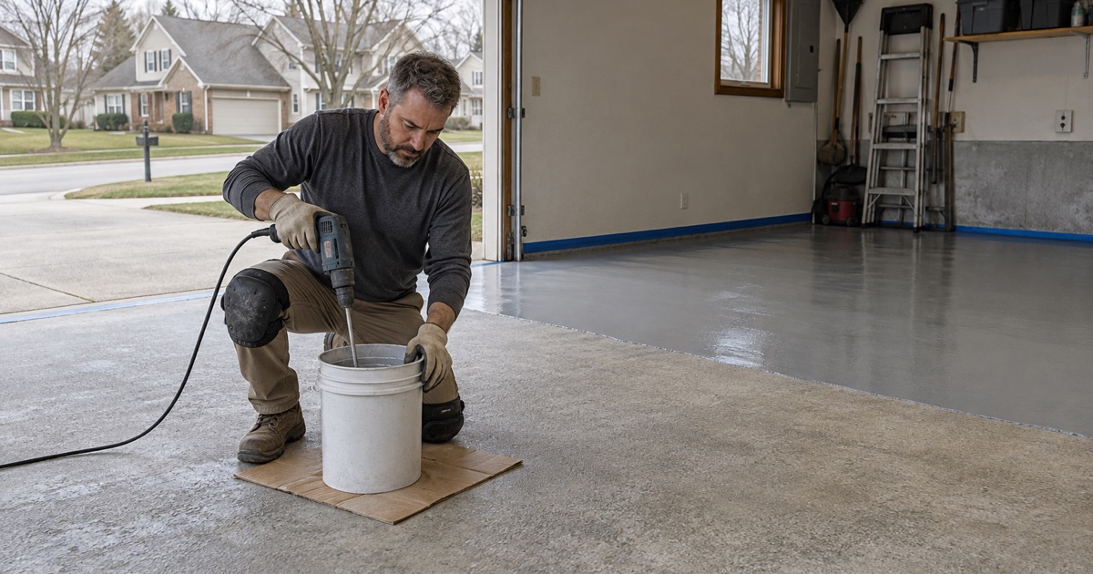 Base coat mixed at the doorway of a ground garage slab in a Waukesha two-story house, the first strip already spread.