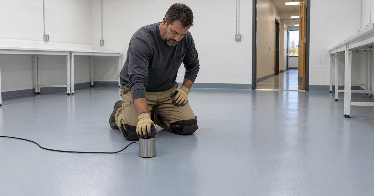 A test electrode set on a finished static-dissipative floor in an electronics assembly room in a Waukesha business park.