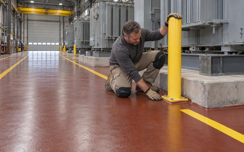 A heavy urethane cement floor sealed around a steel bollard in the high-bay aisle of a Waukesha transformer plant.