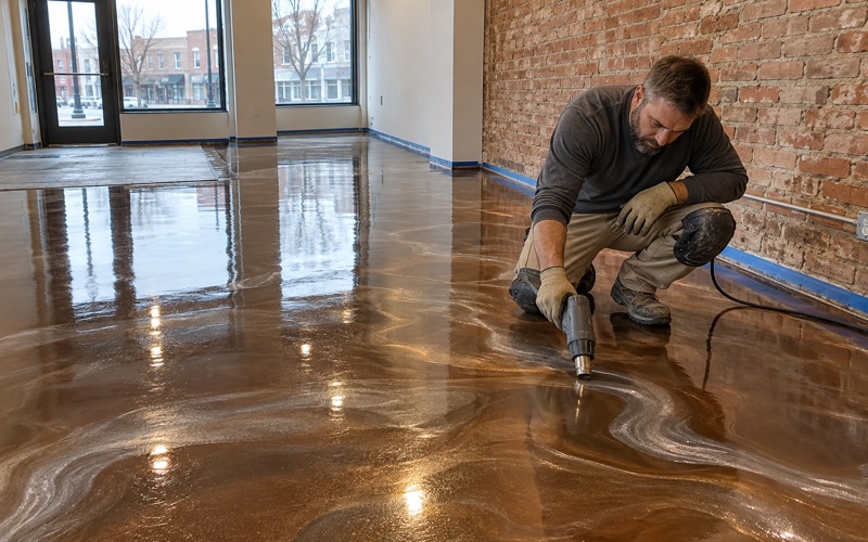 A heat gun drawing the silver and bronze pattern across a fresh metallic epoxy floor in a Waukesha showroom.