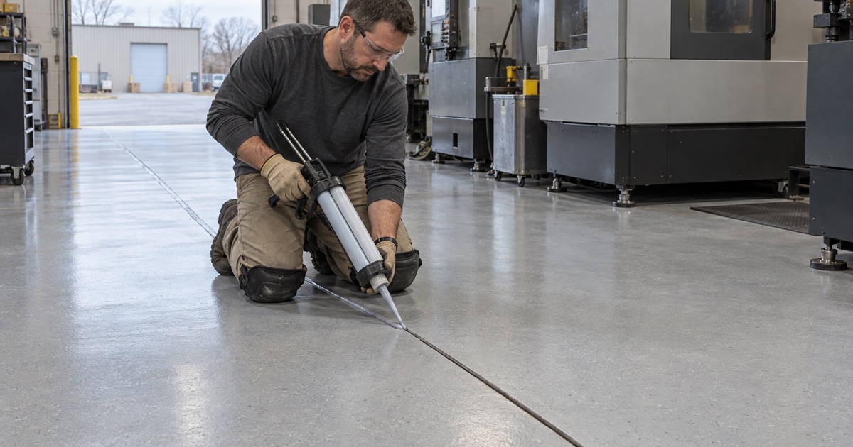 A saw-cut joint being filled flush with semi-rigid filler across a coated aisle in a Waukesha machine shop.