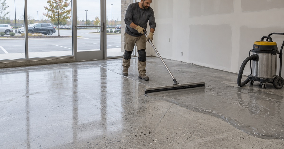 Honing slurry pulled into a pile on a half-polished concrete floor in a new Waukesha retail space, kept out of the drains.