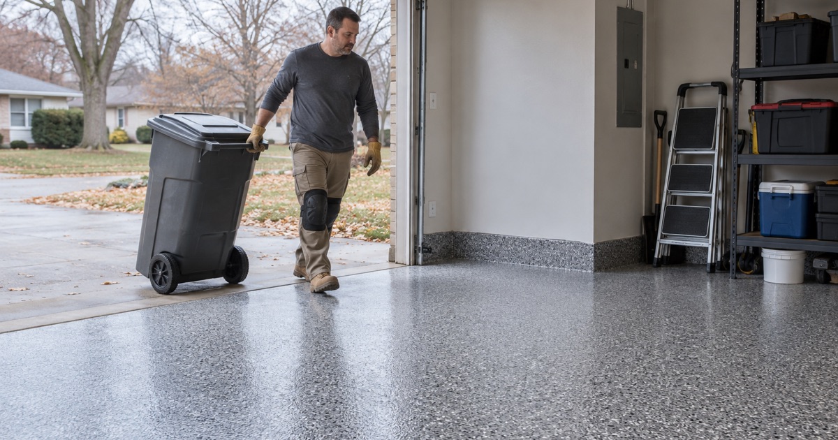 A trash bin rolled back into a Waukesha garage the same afternoon its polyaspartic flake floor went down.
