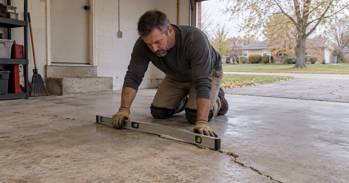 A long level laid across a settled crack to decide whether an old Waukesha garage slab can be coated or needs replacing.